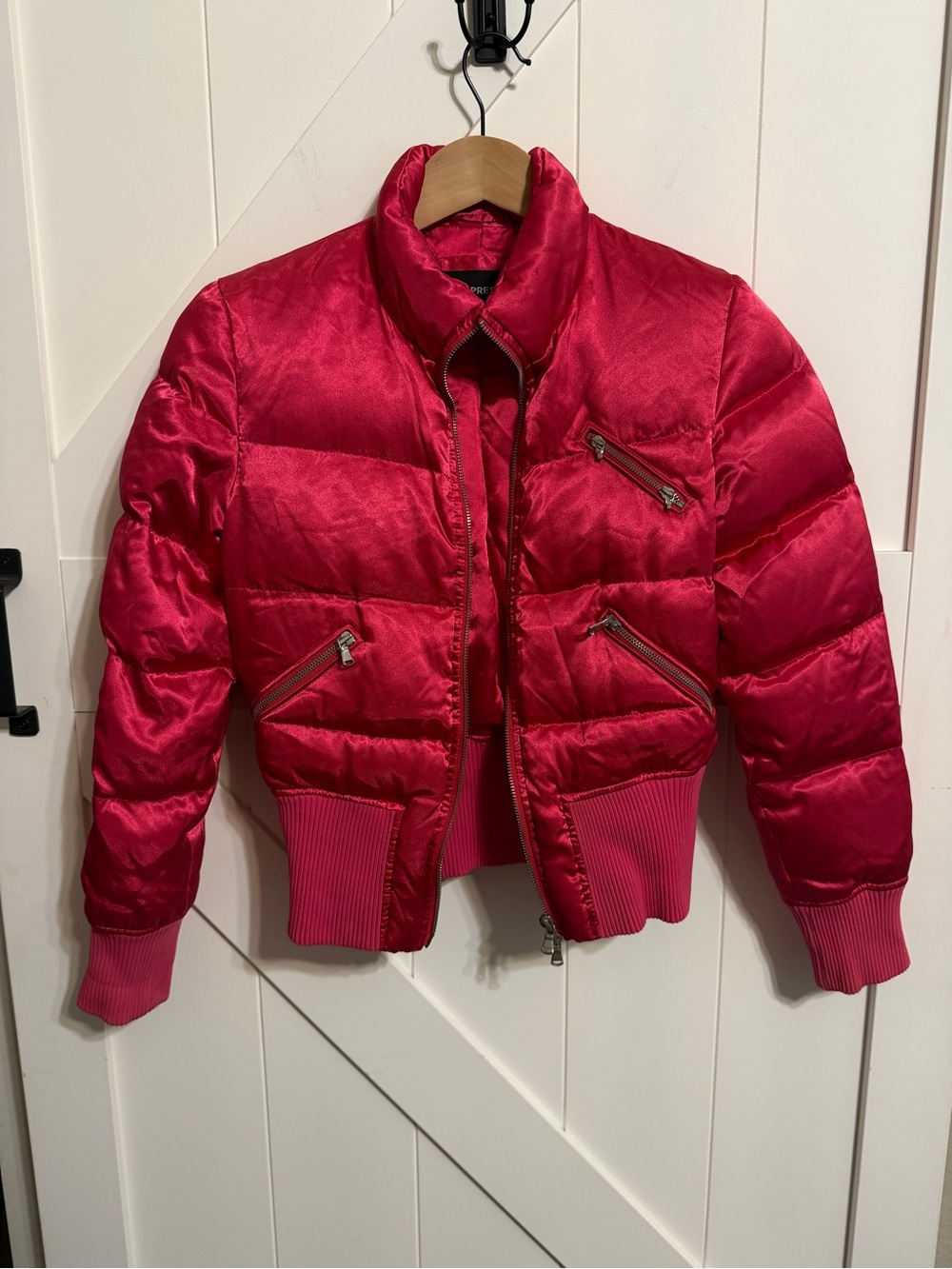 Express Y2K Hot Pink Satin Puffer Coat Women’s Small Jacket Bomber Colorful Quil